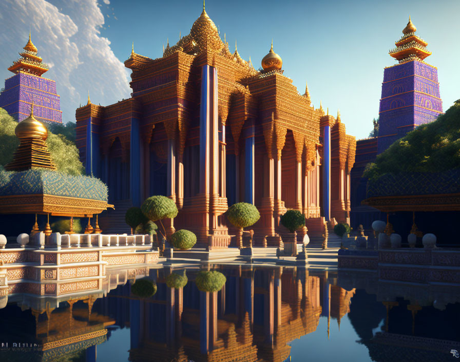 Traditional Structures with Intricate Details and Vibrant Colors Reflected in Water at Sunset/Sunrise