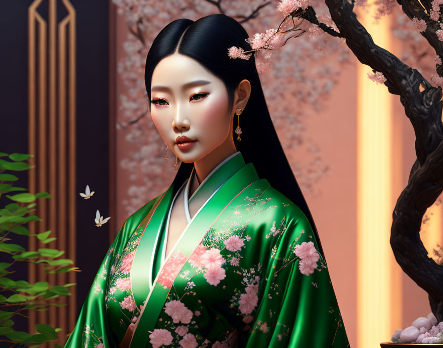 Digital illustration: Woman in green Asian attire with cherry blossoms and butterflies.