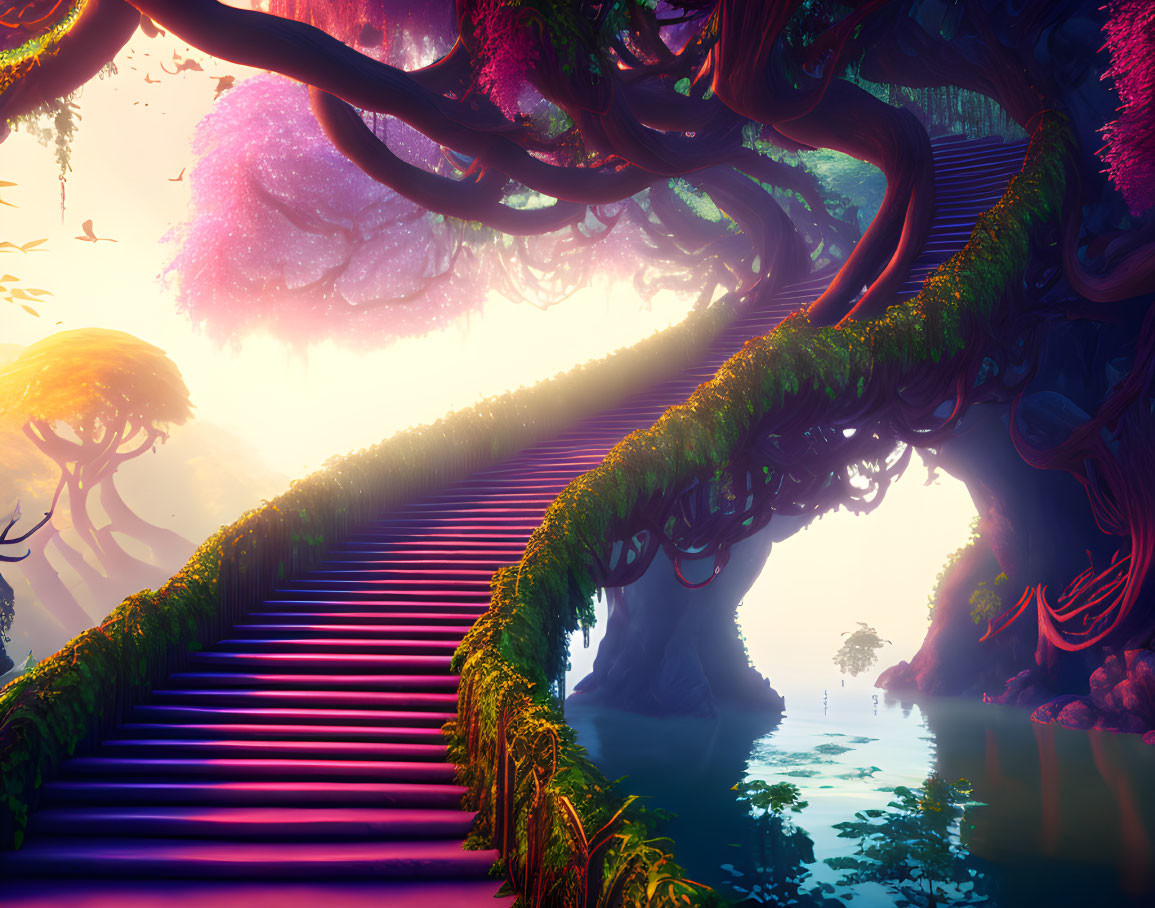 Fantasy landscape with glowing purple stairway through lush oversized flora