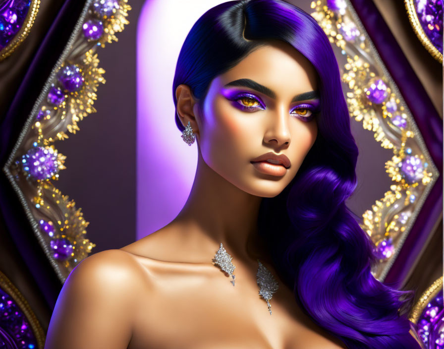 Vibrant purple hair woman portrait with elegant jewelry