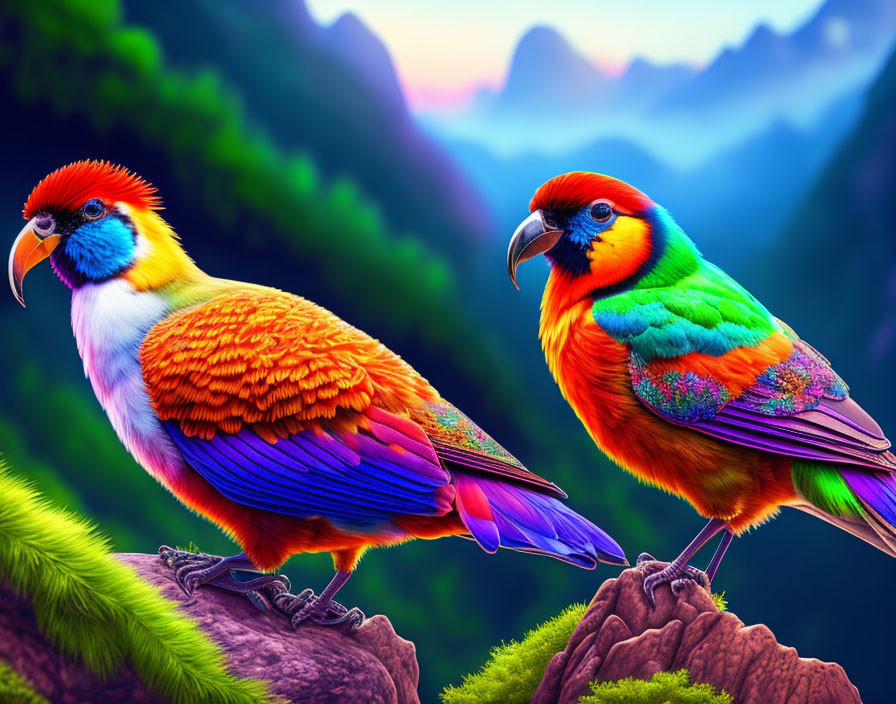 Colorful Birds Perched on Branches with Misty Mountain Backdrop