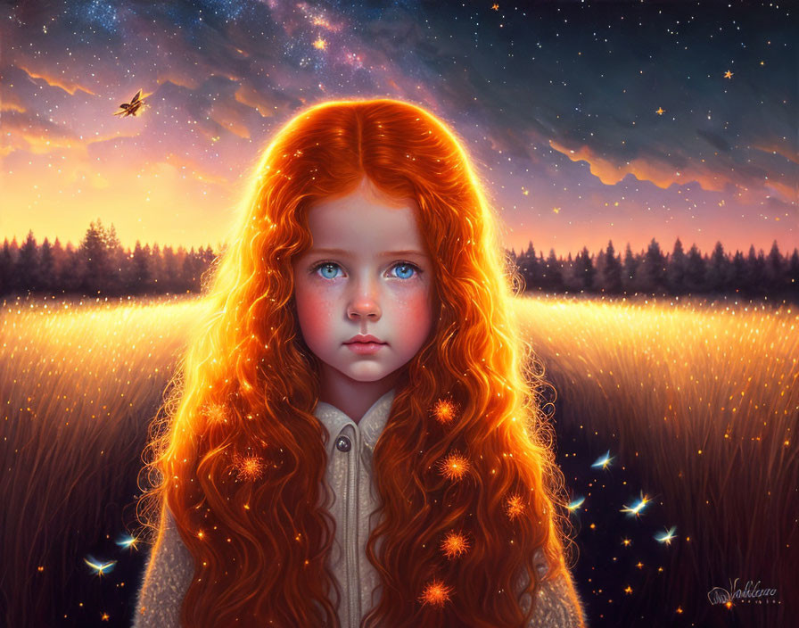 Digital artwork: Young girl with red hair in glowing field under starry sky