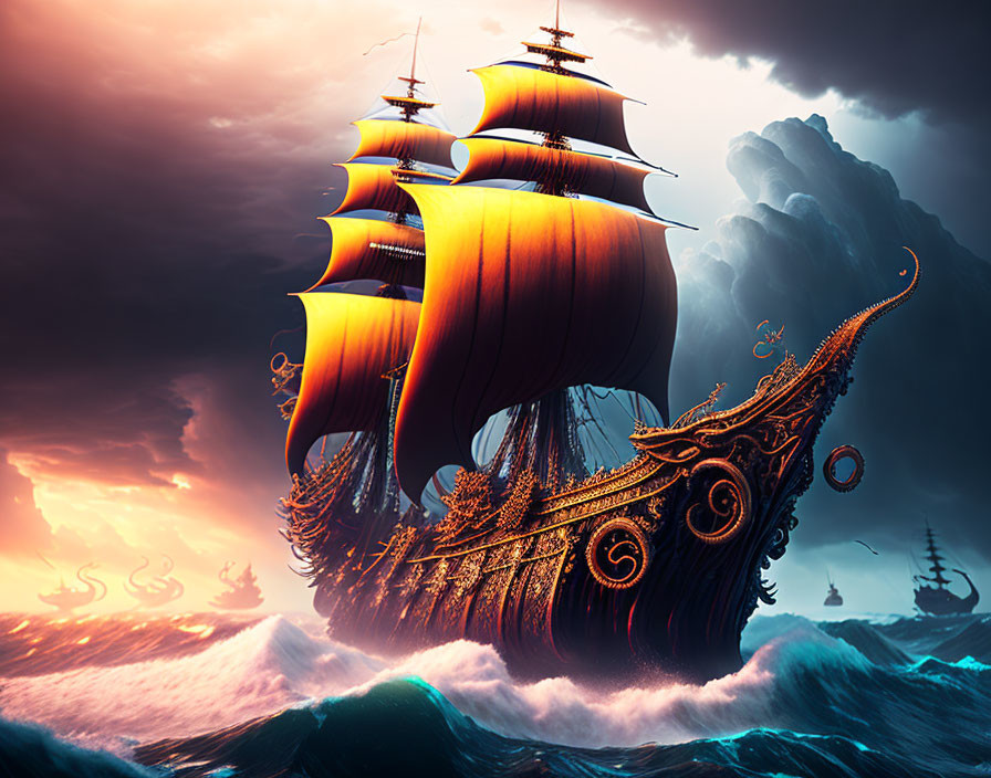 Ornate ship sailing turbulent seas under dramatic sky