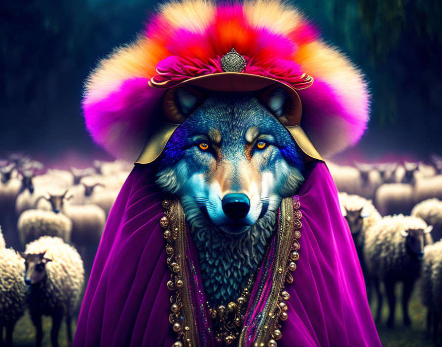 Regal wolf in vibrant attire among sheep in mystical landscape