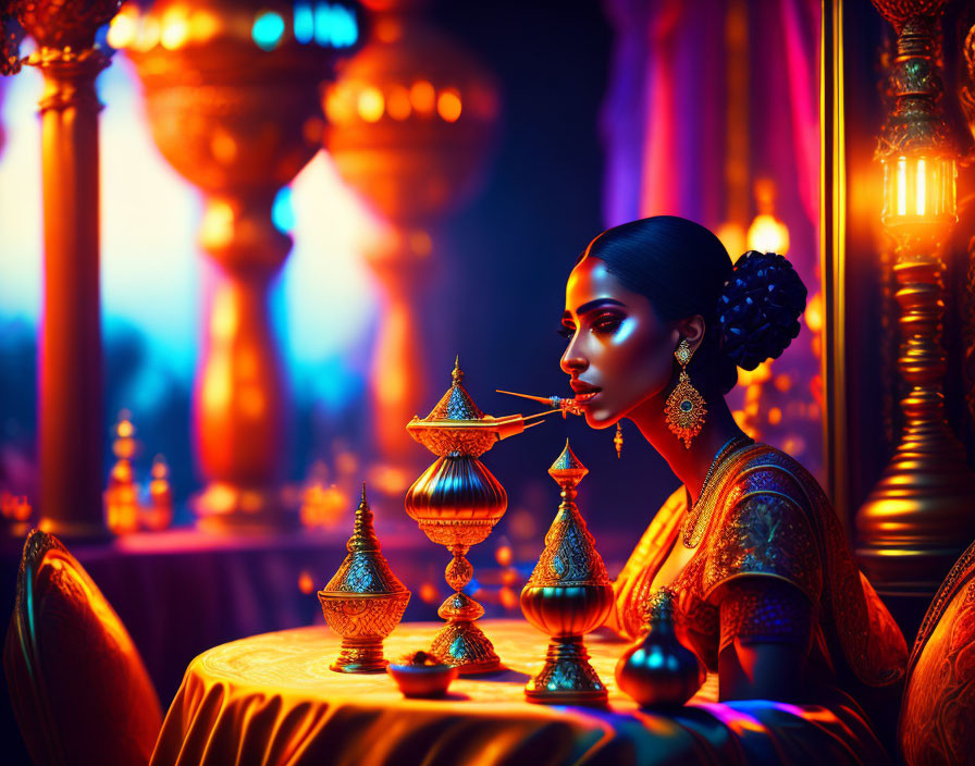 Traditional attire woman with metallic vessels in luxurious setting