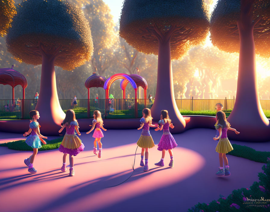 Children play jump rope in colorful dresses in whimsical park with oversized trees at sunset.