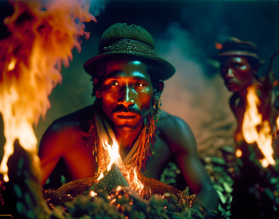 Portrait of two people in colorful lighting surrounded by flames and foliage