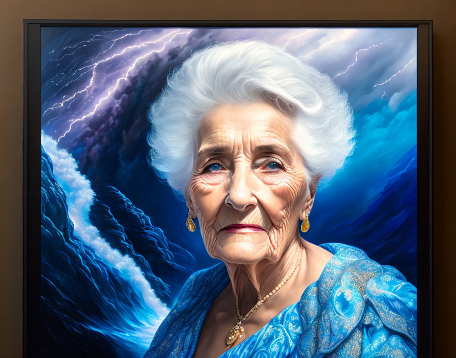 Elderly Woman in Blue Attire Under Stormy Sky