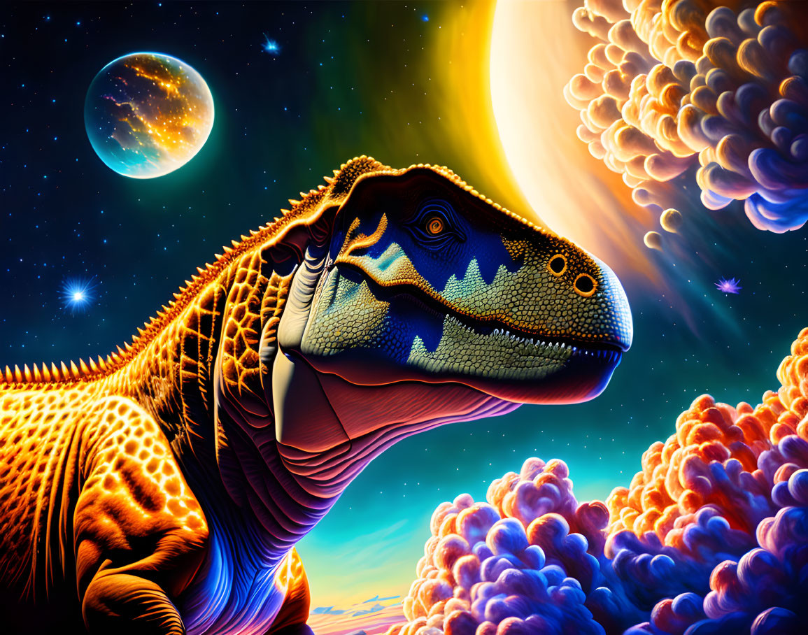 Colorful Dinosaur Illustration with Celestial Background