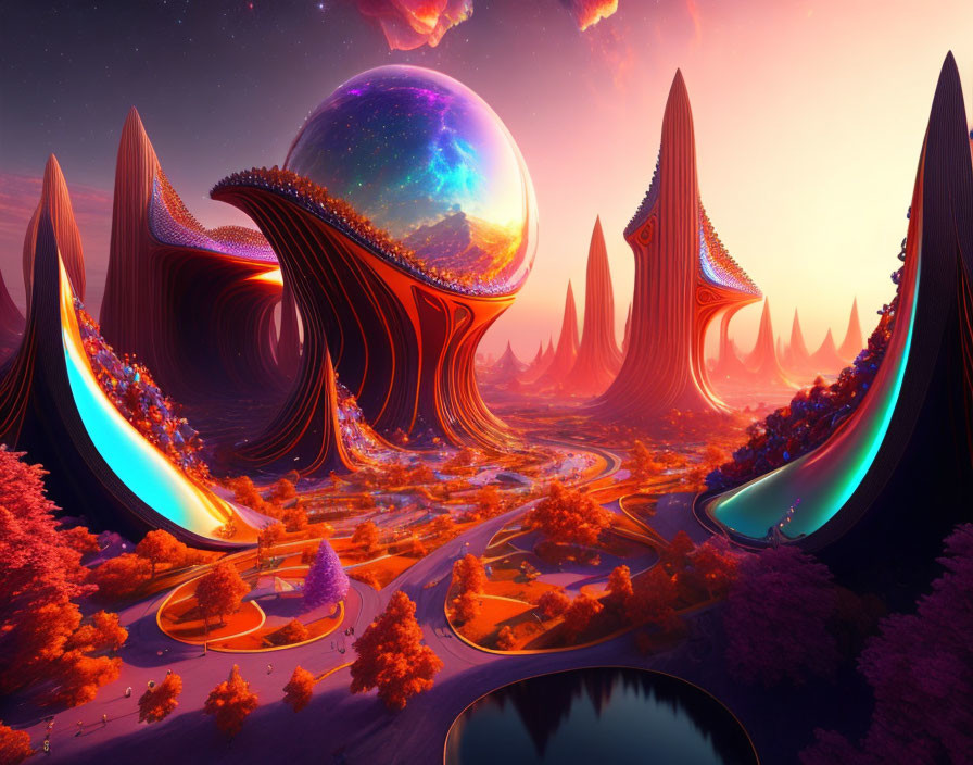 Surreal alien landscape with towering structures and neon-lit foliage