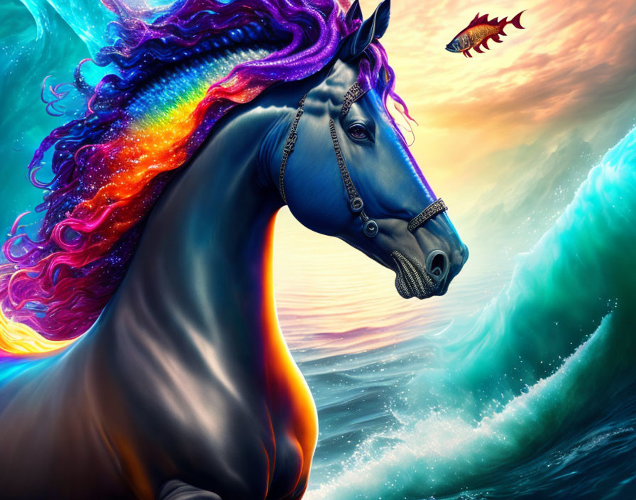 Colorful mythical horse art with ocean waves and surreal sky