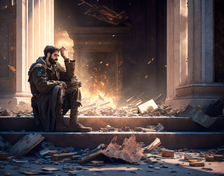 Two people in rugged attire sit in a destroyed building with debris and sunlight.