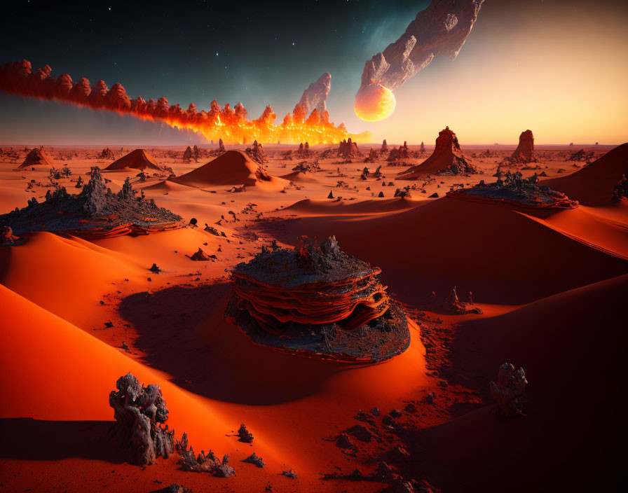 Vibrant desert sunset with red sands, rock formations, lava, meteors, and cosmic