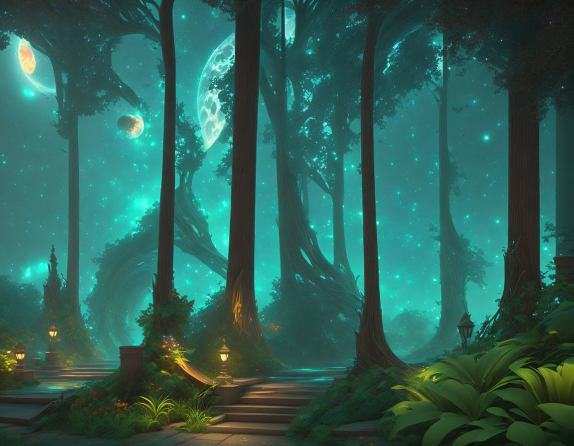 Majestic forest with glowing lanterns, stone pathway, and starry sky