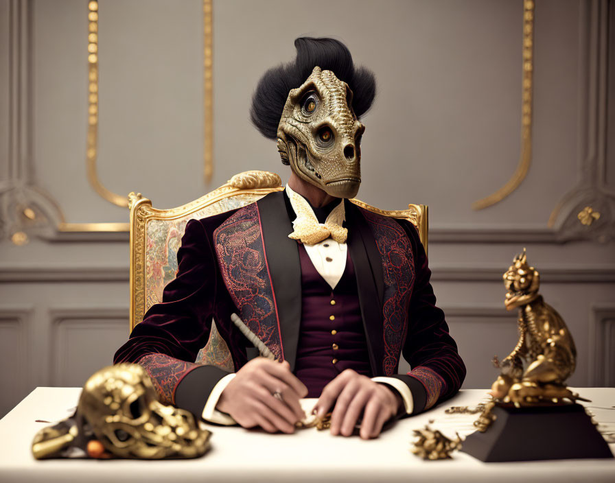 Luxurious Suit and Bird-like Mask Figure Signing Papers at Ornate Table