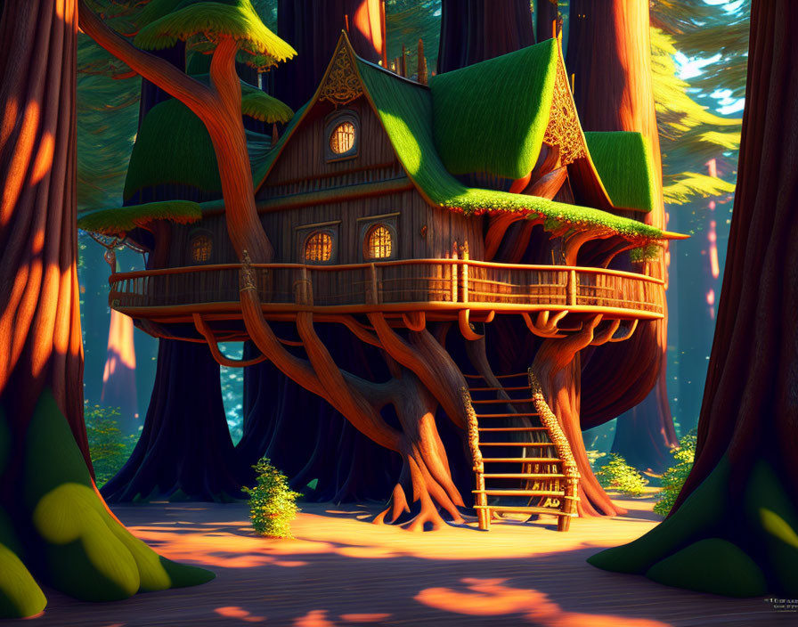 Whimsical treehouse with green roofs in forest, circular balcony & wooden staircase