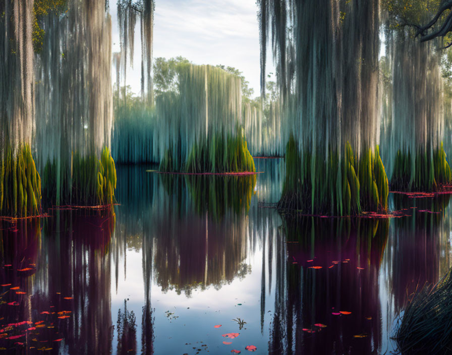 Tranquil lake scene with weeping willow trees and pink lily pads