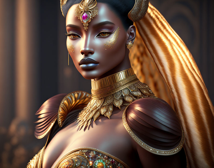 Golden-skinned woman with intricate jewelry on warm-toned backdrop