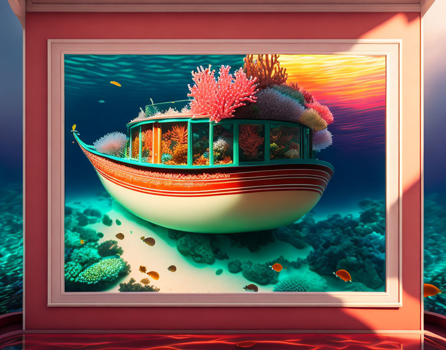 Colorful underwater artwork: boat submerged with coral and fish in surreal display