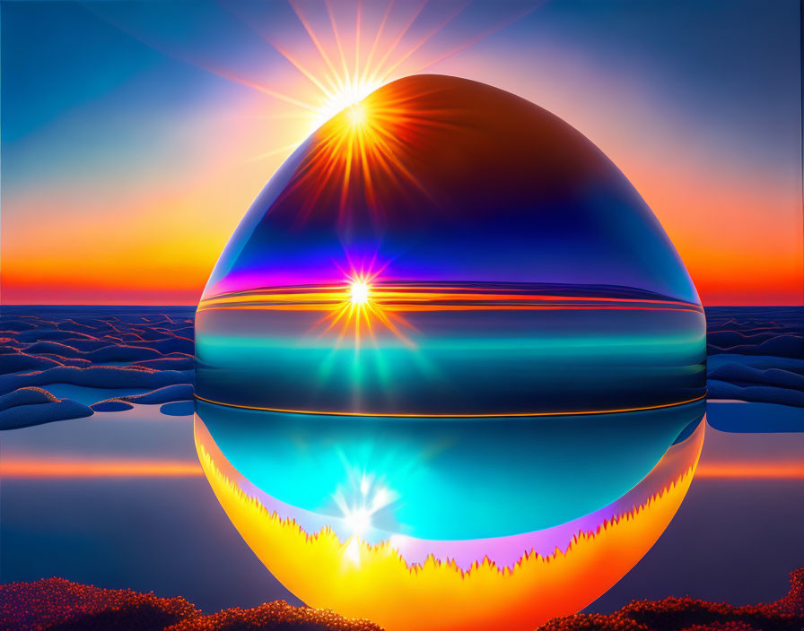 Surreal landscape with reflective sphere mirroring vivid sunrise