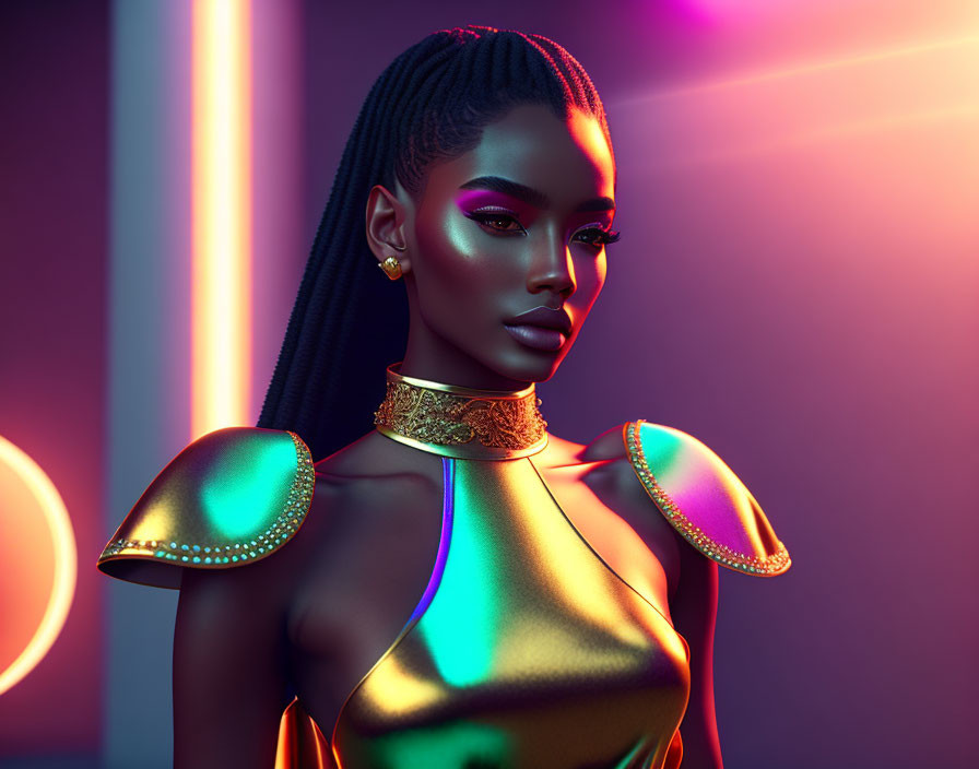 Futuristic digital artwork of woman in neon-lit attire