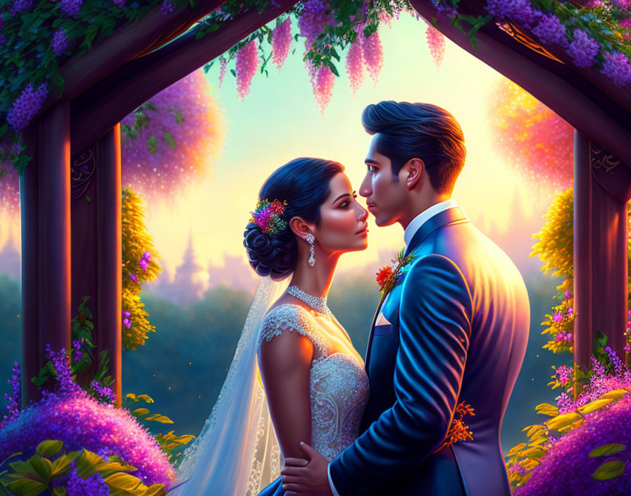 Bride and groom embrace under floral archway with twilight castle backdrop