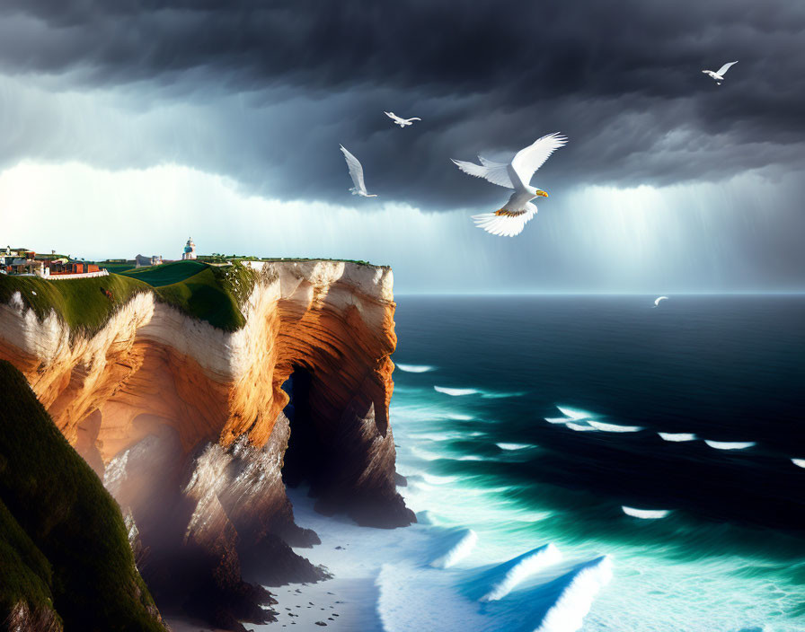 Stormy Coastal Scene: Glowing Cliffs, Seagulls, and Lighthouse