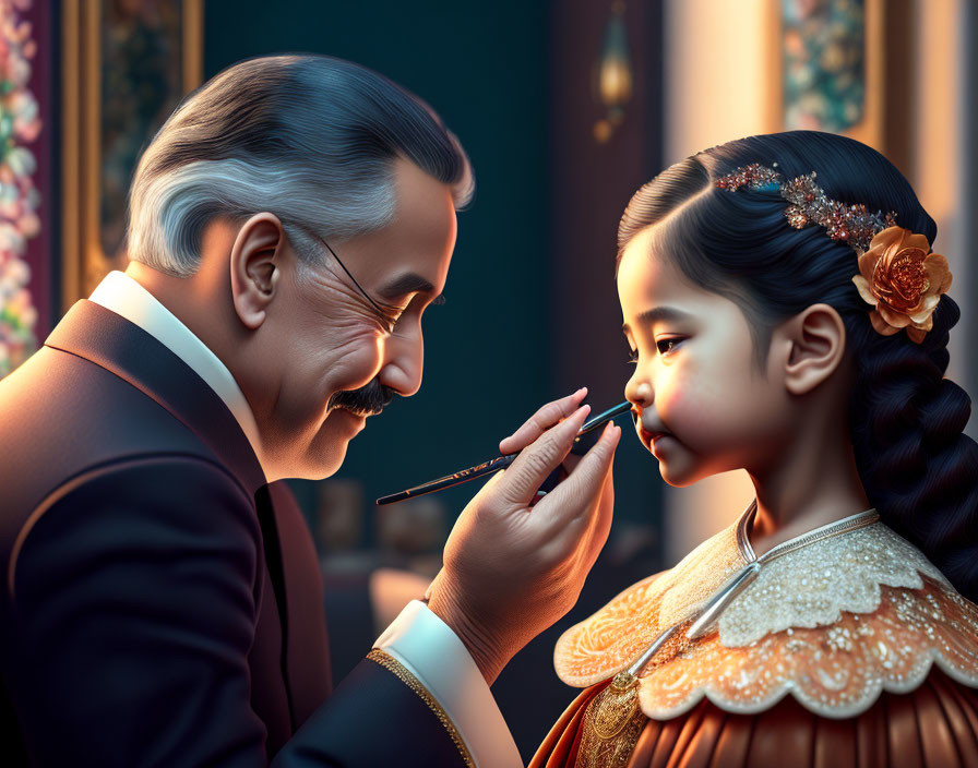 Elderly man painting young girl's face in traditional attire