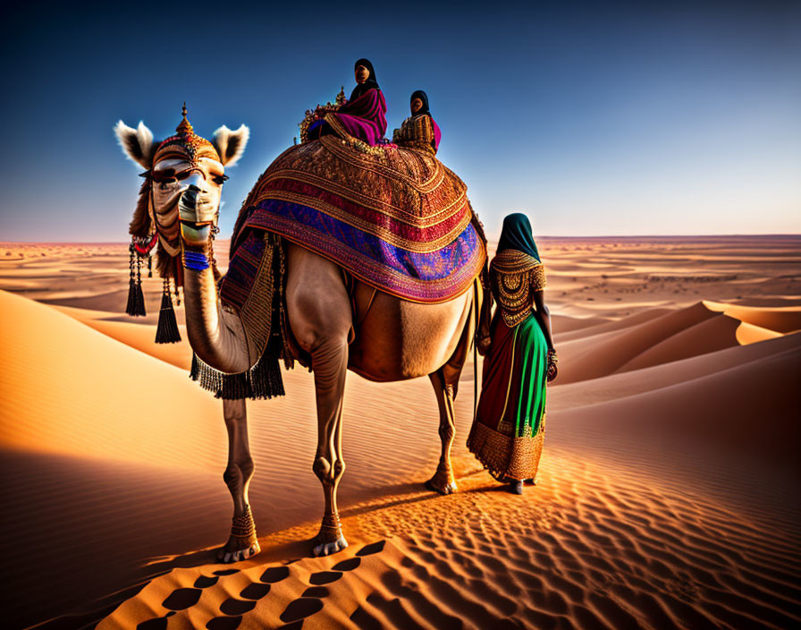 Camel Ride at Sunset Across Desert Dunes