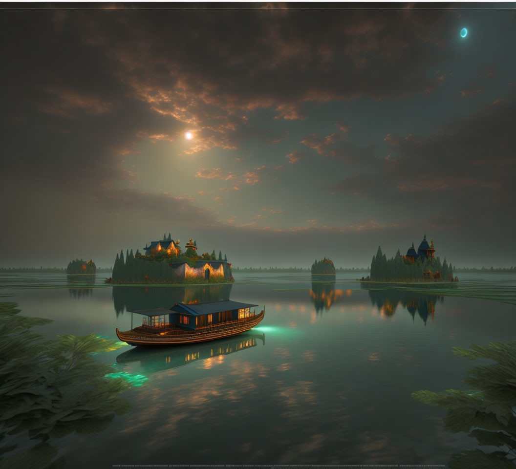 Tranquil Twilight Scene: Lake, Boat, Islands, Buildings, Sun, Moon