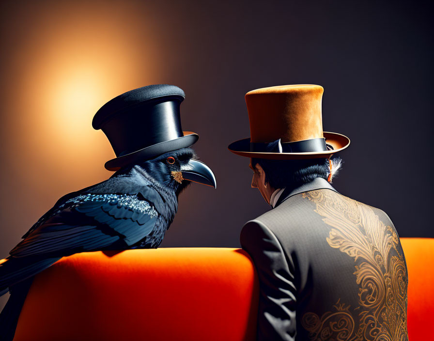 Crow and human figures in top hats against dark background