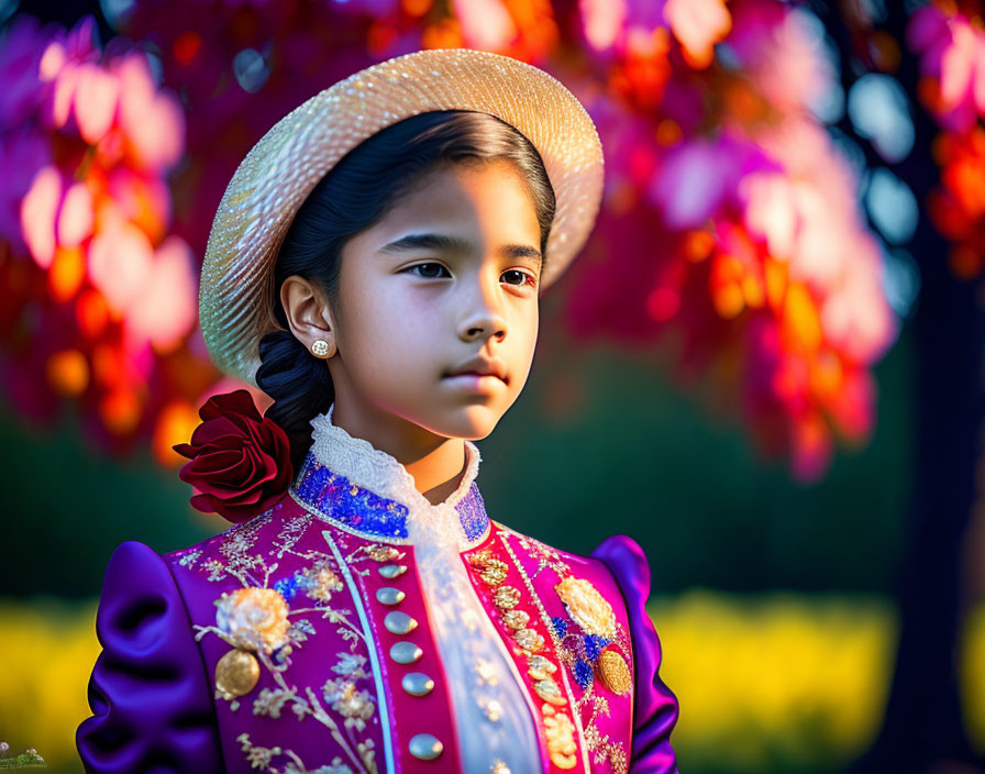 Young girl in purple traditional dress and straw hat surrounded by vibrant foliage