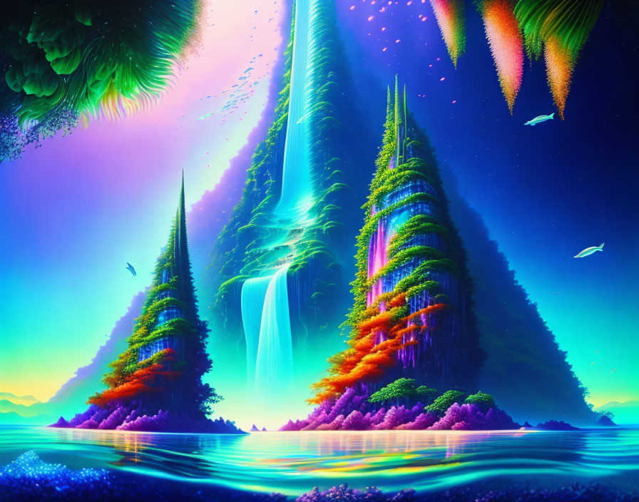 Vivid neon landscape with waterfalls, exotic trees, and flying creatures mirrored on tranquil water.