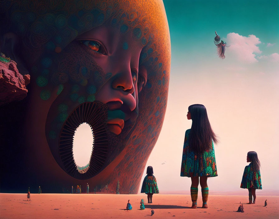 Surreal desert landscape with three girls and giant patterned face