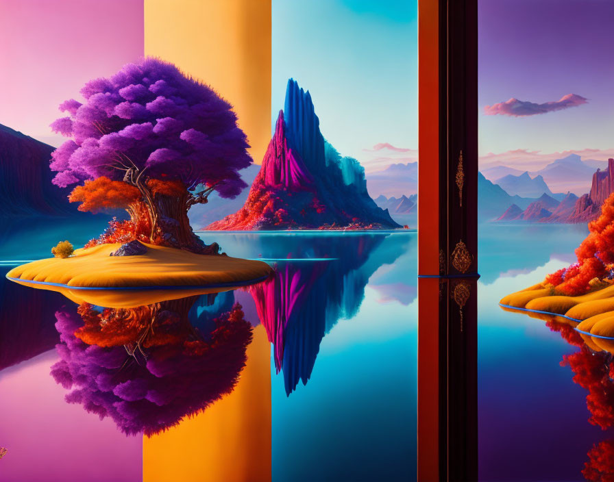 Surreal landscape with purple and orange trees, mirrored waters, mountains, and ornate doorway