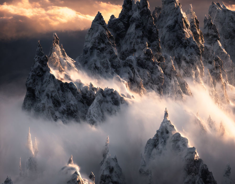 Majestic snow-covered mountain peaks in misty sunlight