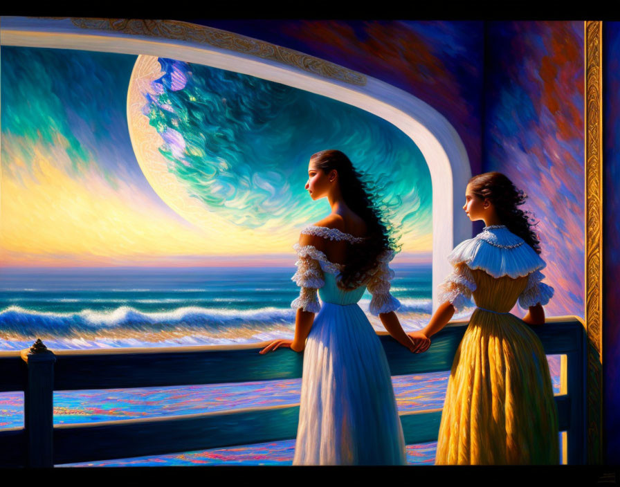 Vintage-dressed women admire surreal ocean view with stylized moon