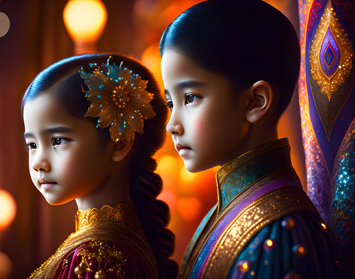 Children in traditional Asian attire with intricate designs and golden embroidery against warm backdrop