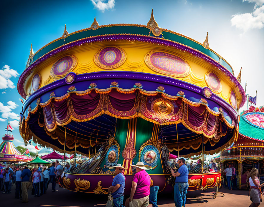 Colorful ornate carousel at lively amusement park