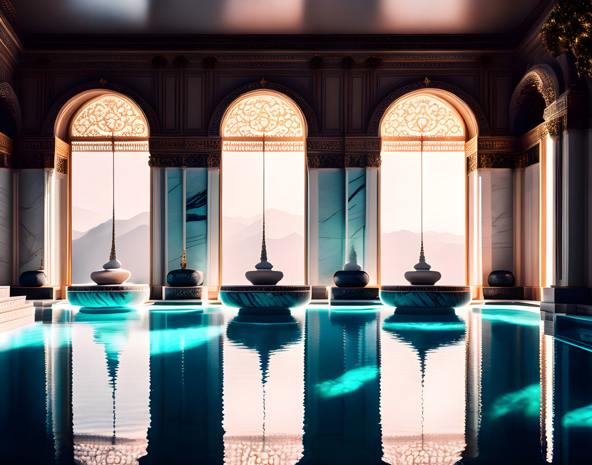 Ornate indoor pool with reflective water and mountain view