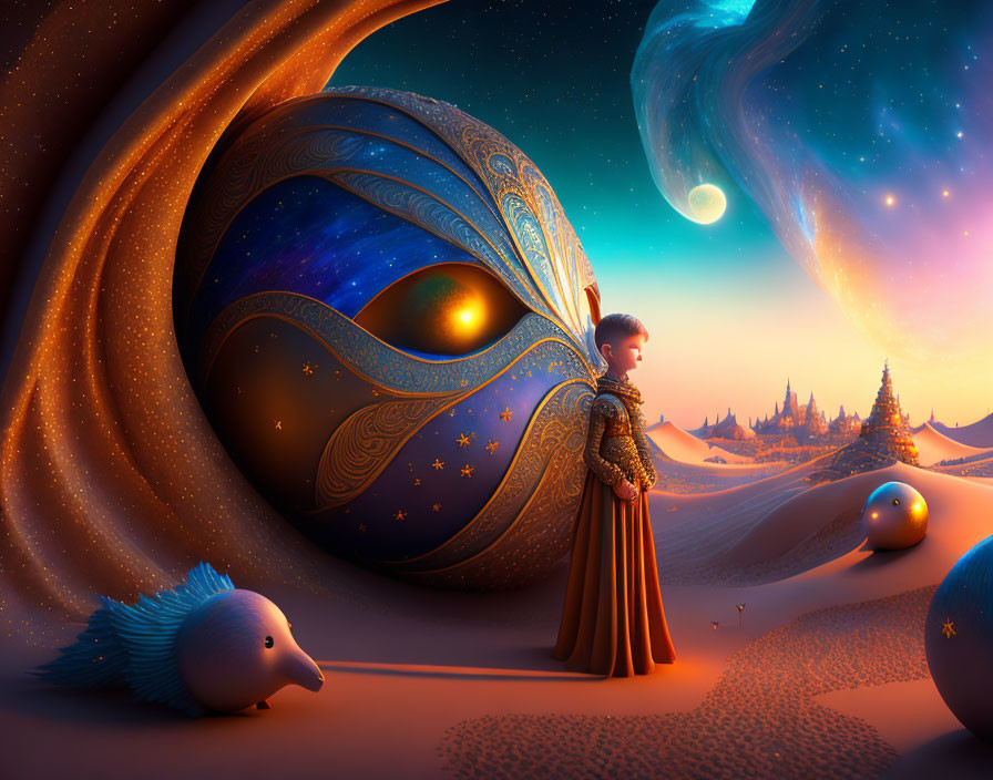 Person in ornate attire observes surreal landscape with whimsical orbs, cosmic backdrop, and whimsical creature