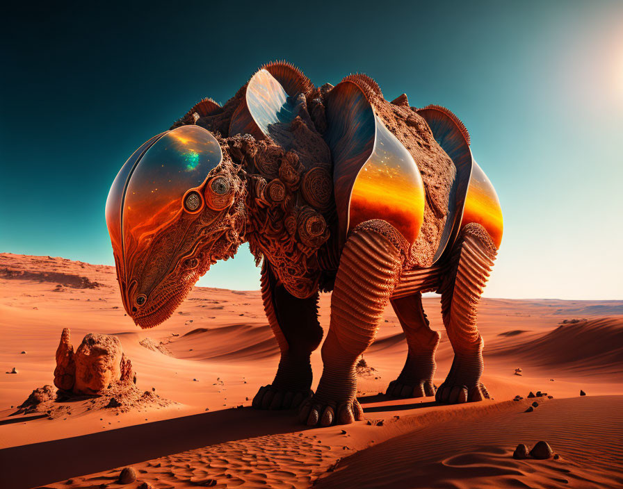 Surreal mechanical turtle with reflective dome shell in desert landscape