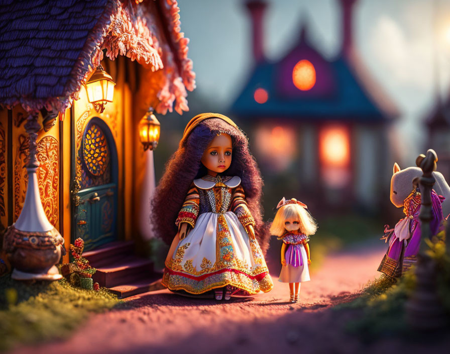 Ornate dolls in intricate costumes outside colorful miniature house