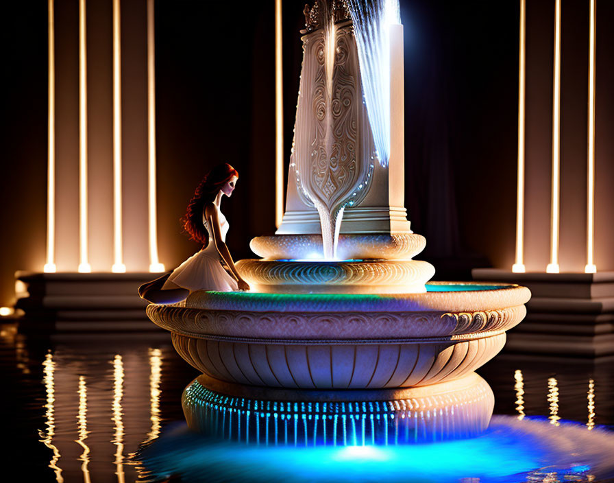 Woman in flowing gown by ornate fountain with cascading water