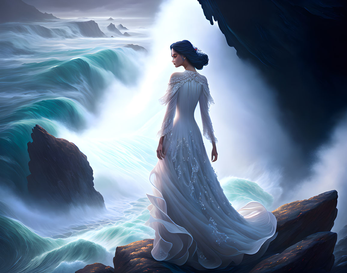 Woman in Elegant Gown on Cliff Overlooking Turbulent Seas