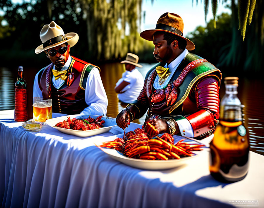 Cowboy-hat men with crawfish and drinks by water.