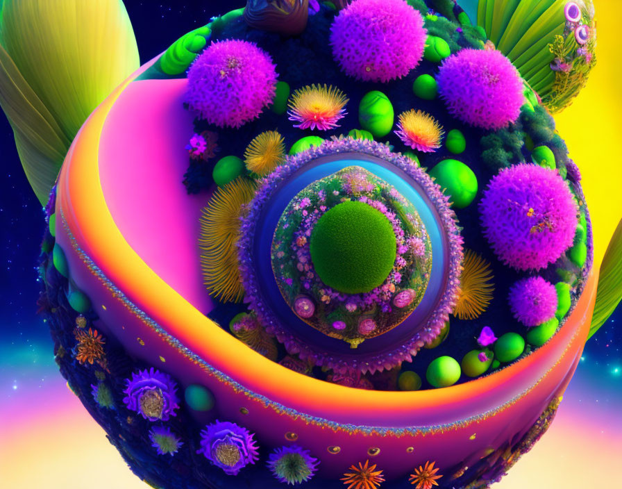 Colorful digital artwork: spherical landscape with lush flora & celestial backdrop