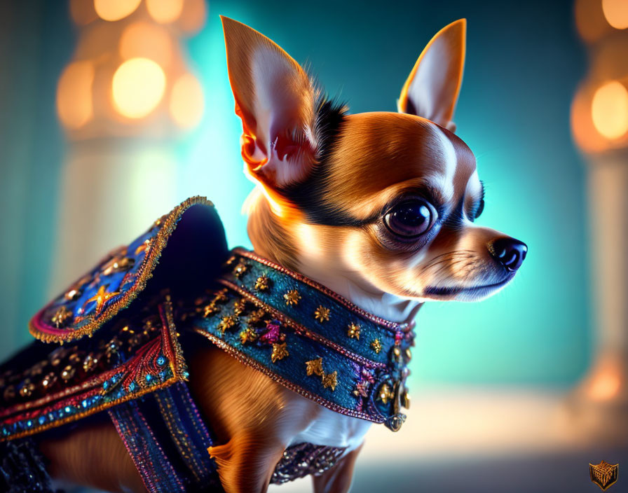 Chihuahua Dog in Blue and Gold Costume on Lantern-lit Background