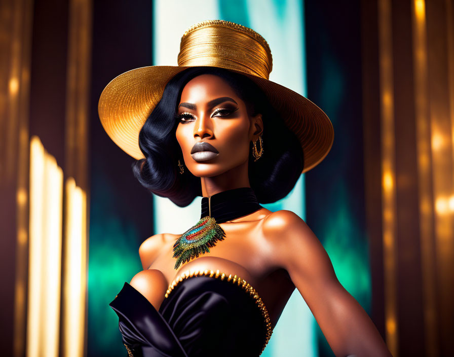 Elegant figure in wide-brimmed gold hat and black dress