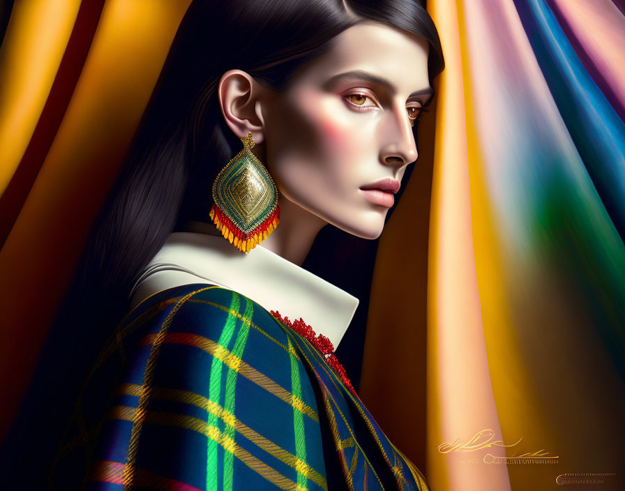 Colorful Outfit Woman with Striking Features and Large Earring on Rainbow Drapery